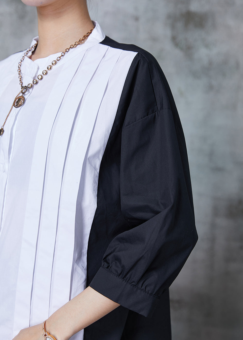 Unique Colorblock Oversized Patchwork Wrinkled Cotton Shirt Bracelet Sleeve