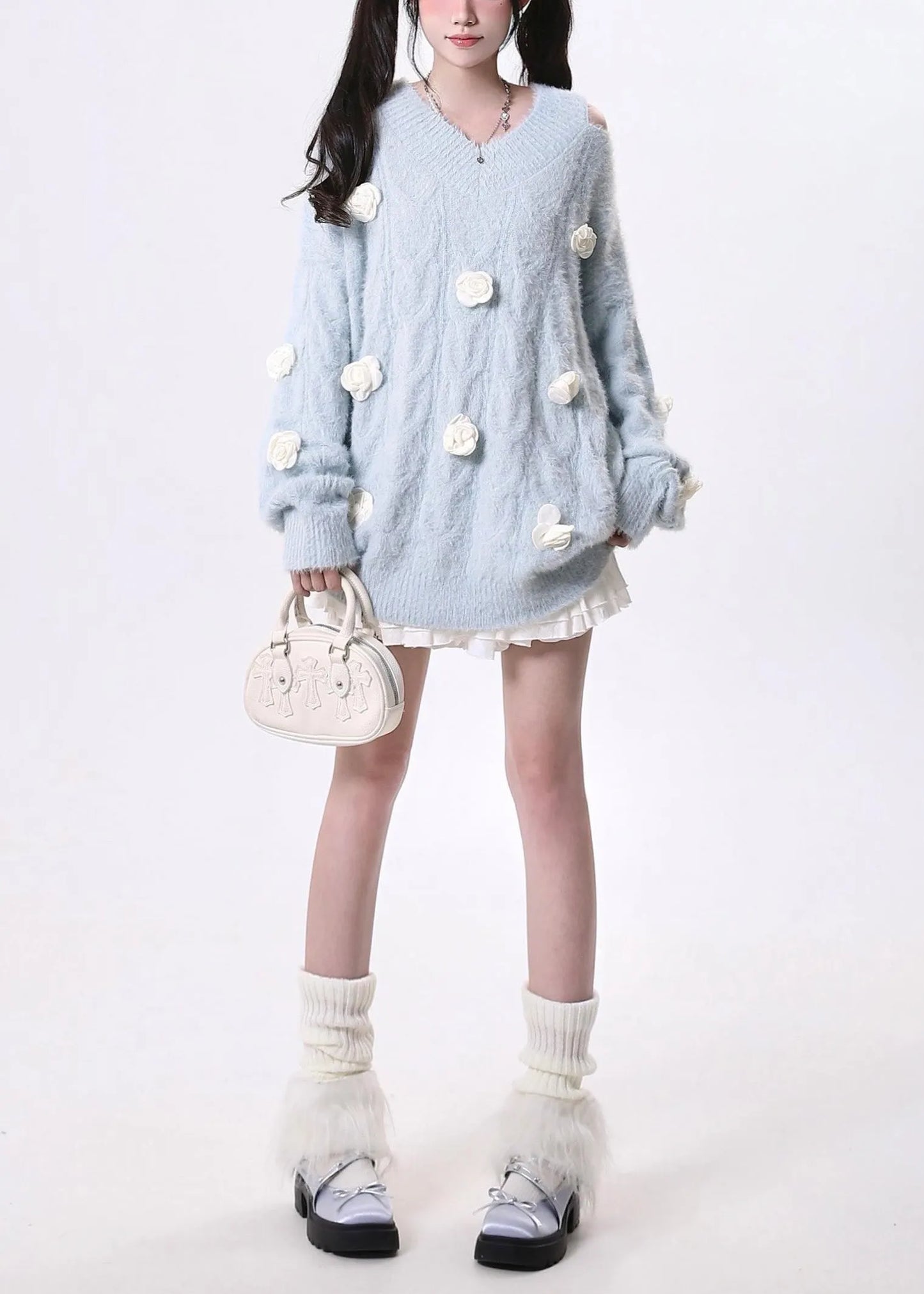 Fitted Sky Blue Cold Shoulder Knit Pullover Spring