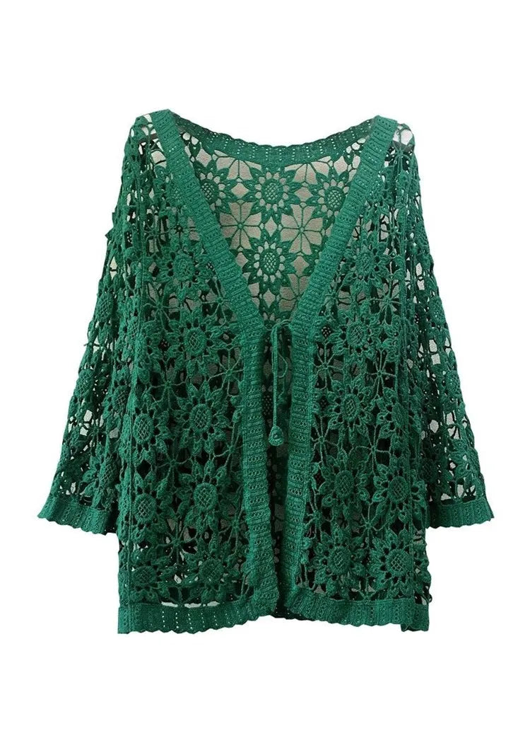 Blackish Green Hollow Out Patchwork Knitting Cotton Cardigan Fall