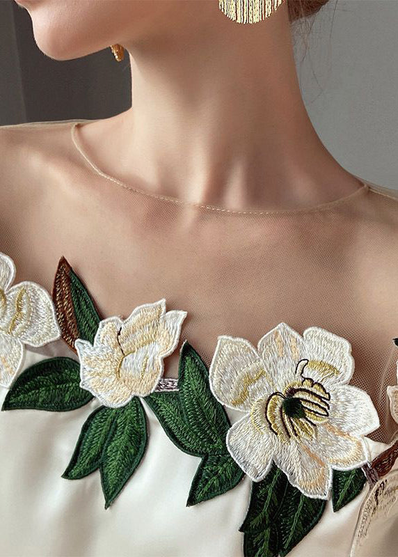 Fine Beige Embroidered Tulle Patchwork Silk Shirt Tops Spring