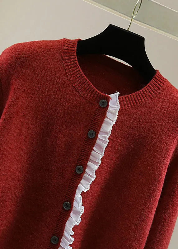 Fine Red O-neck Chiffon Patchwork Thick Cotton Knit Sweater Winter