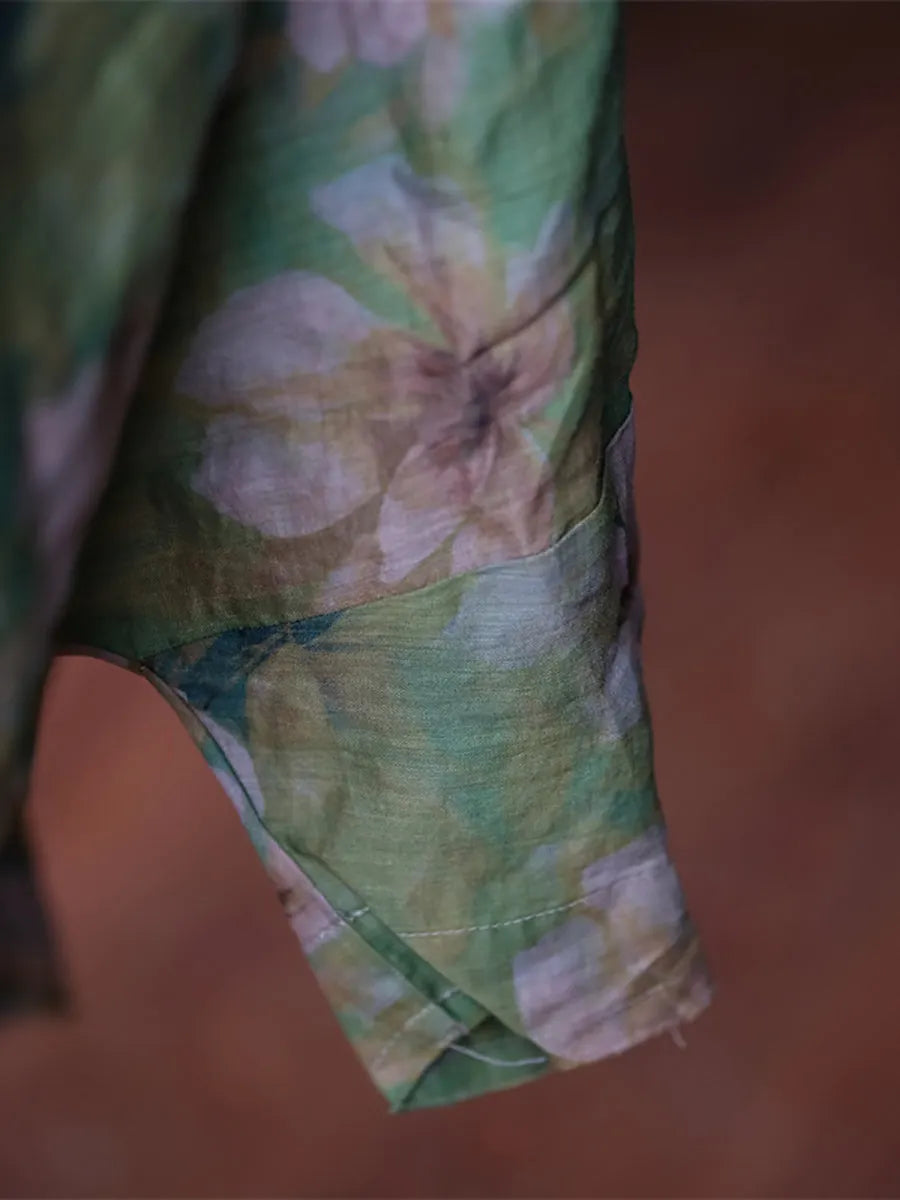 Autumn Flower Stand Collar Ramie Blouse