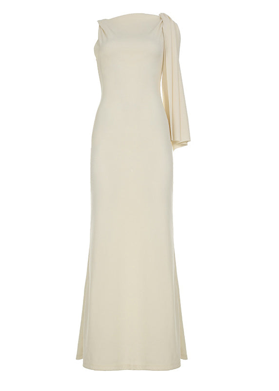 European and American Style White Slash Neck Lace Up Slim Fit Long Dresses