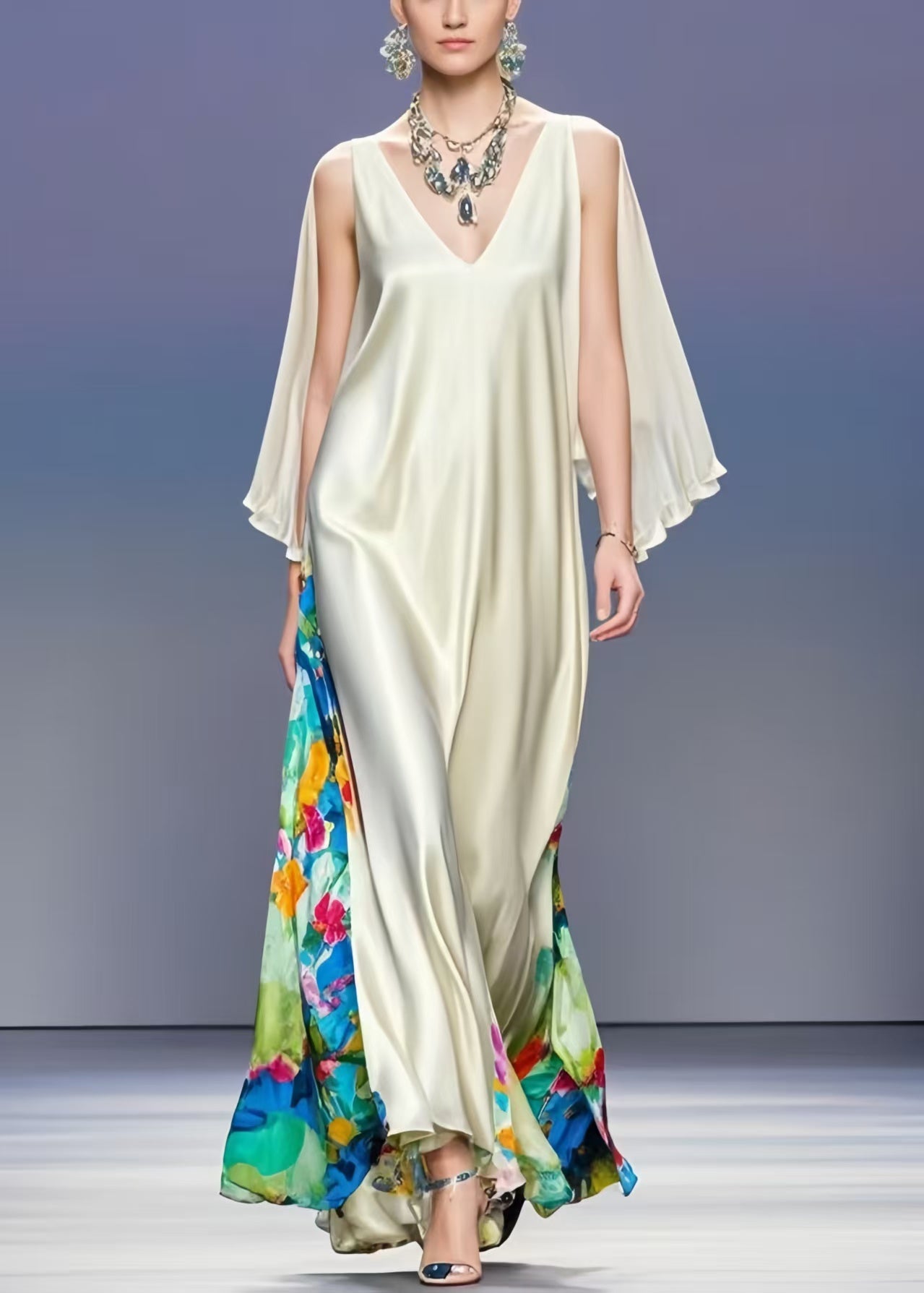 Milk White V Neck Patchwork Silk Vacation Dresses Cloak Sleeves