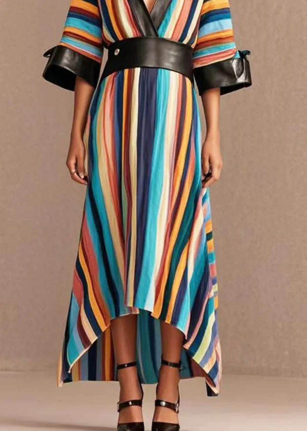 Rainbow Cinched Patchwork Pu Cotton Long Dress Summer