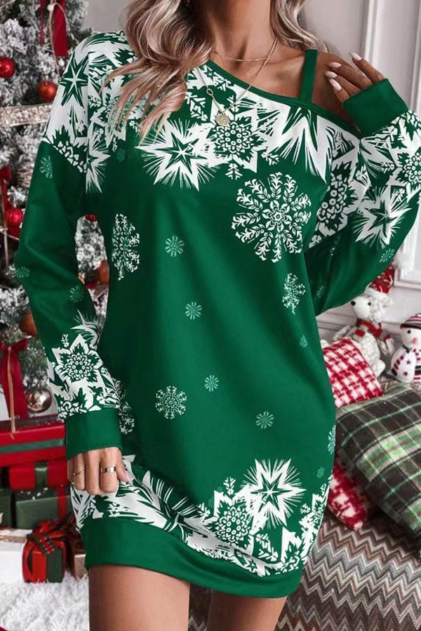 Christmas Snowflake Cold-Shoulder Loose Sweatshirt Mini Dress