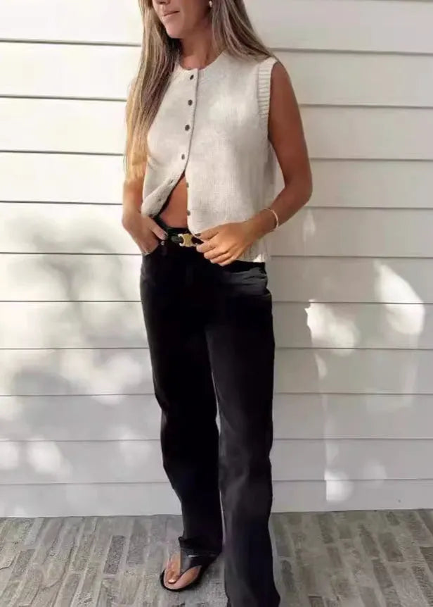 Italian Apricot O Neck Button Knit Vest Cardigans Sleeveless