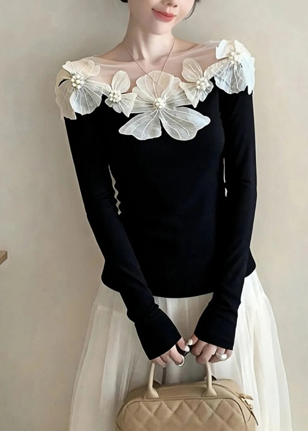 Stylish Black Slash Neck Nail Bead Knit Tops Spring