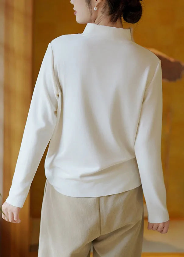 White Stand Collar Patchwork Cotton T Shirt Tops Spring