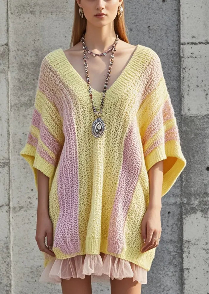 Diy Yellow Oversized Patchwork Tulle Knit Dress Batwing Sleeve