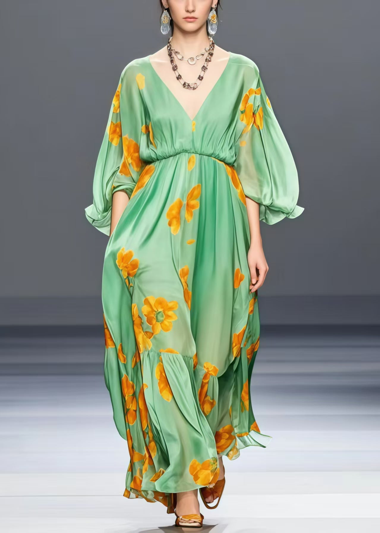 Loose Grass Green V Neck Silk Long Dress Lantern Sleeve