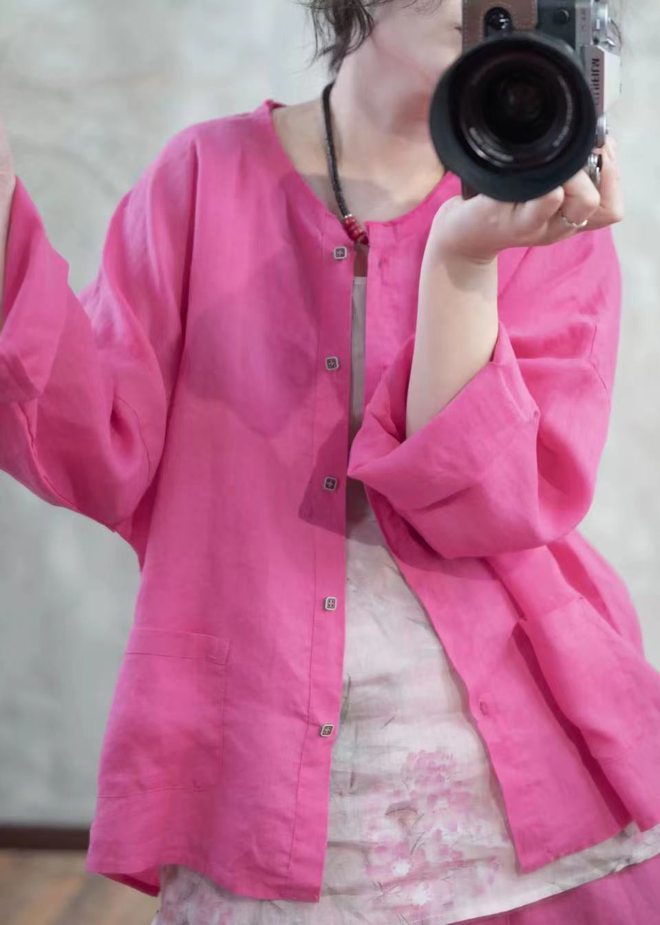 Blue O Neck Button Pockets Linen Shirt Top Spring