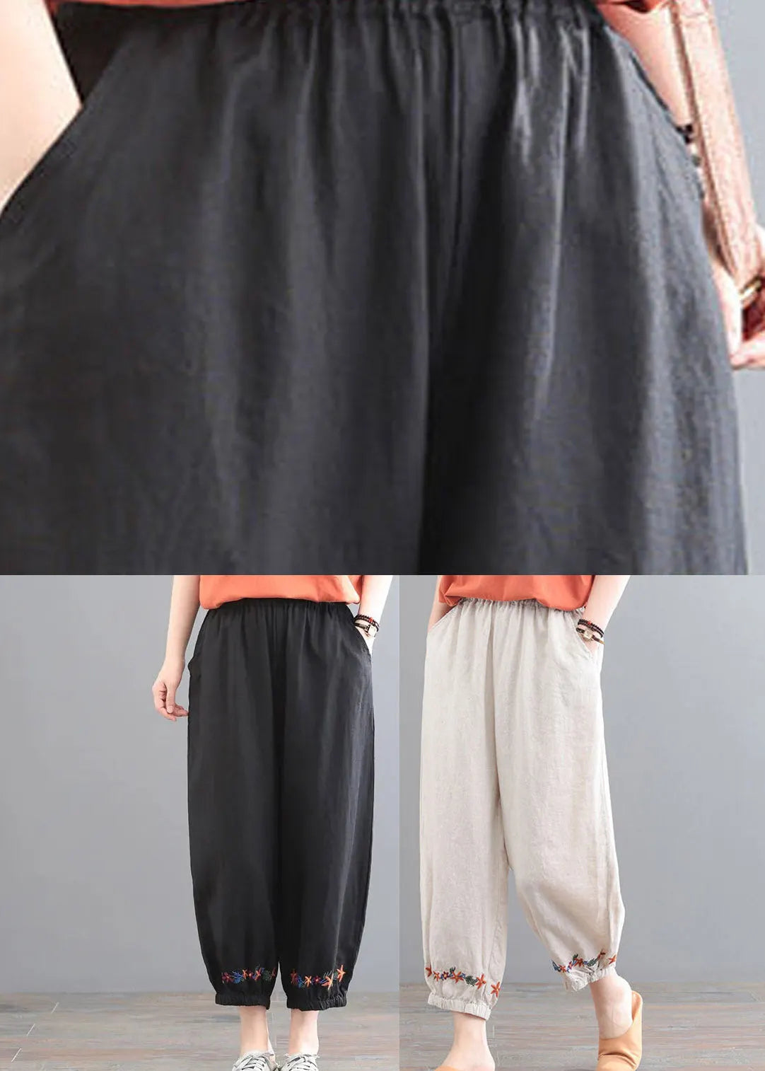 Organic Beige Embroidered Pockets Crop Pants Summer