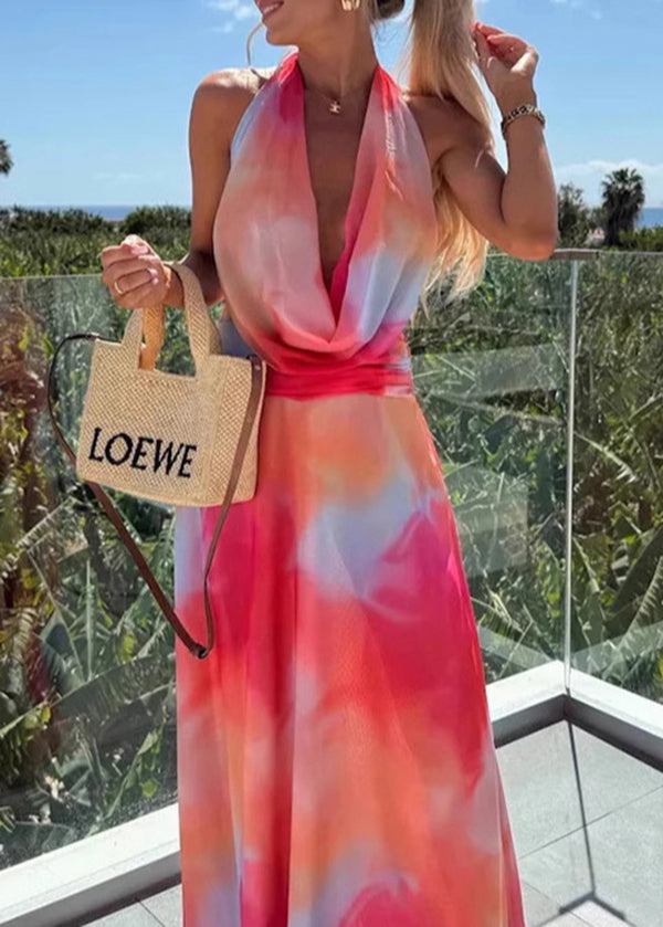 Summer Purple Print Sleeveless Dress Backless Hanging Neck