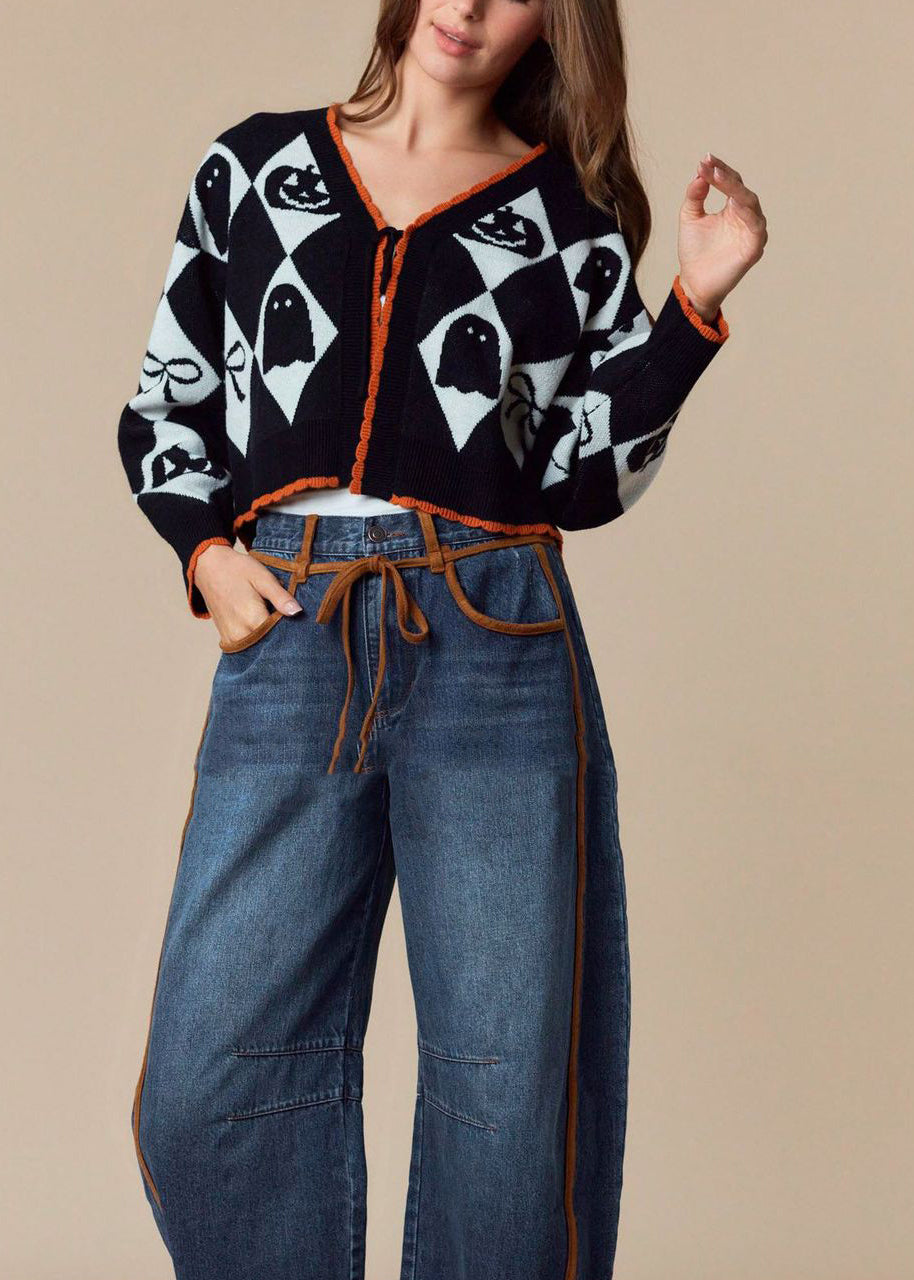 Black V Neck Jacquard Knit Short Sweaters Fall