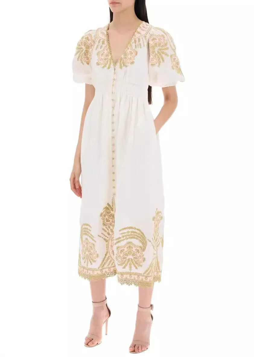 White Embroidered Button Cotton Long Dresses Summer