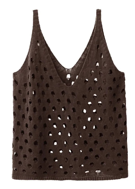 Coffee V Neck Hollow Out Cotton Knit Waistcoat Sleeveless