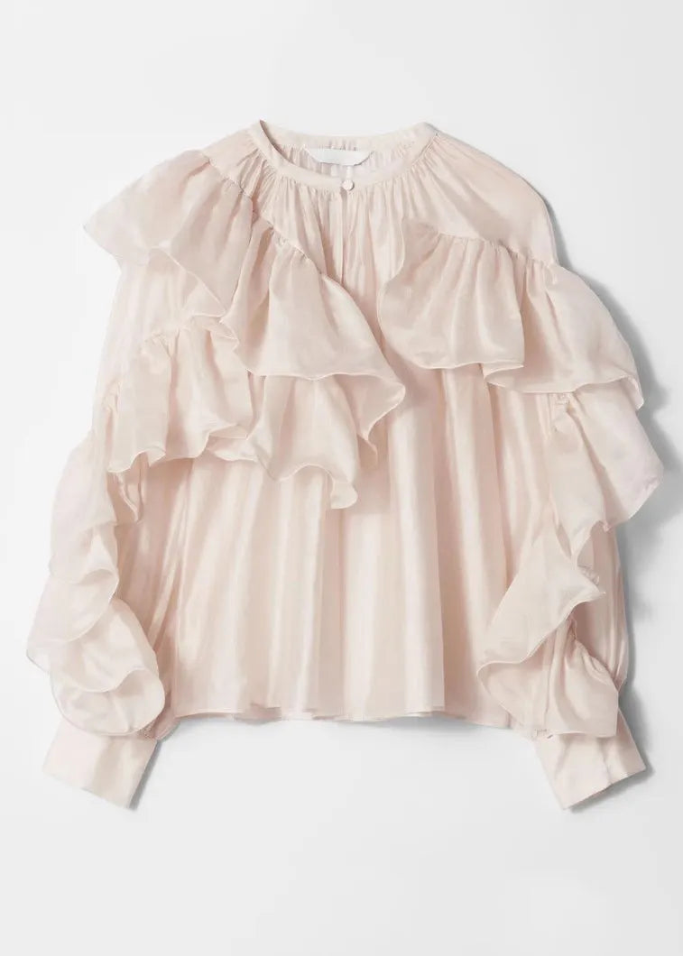 Stylish O-neck Ruffled Silk Shirts Fall