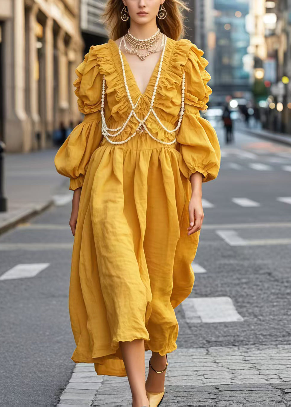 Diy Yellow V Neck Wrinkled Nail Bead Vacation Dresses Spring