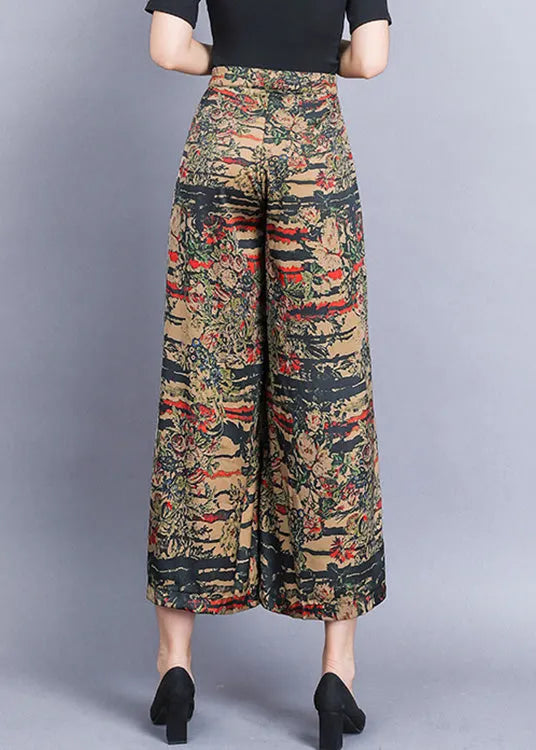 Yellow Print Elastic Waist Silk Wide Leg Pants Summer