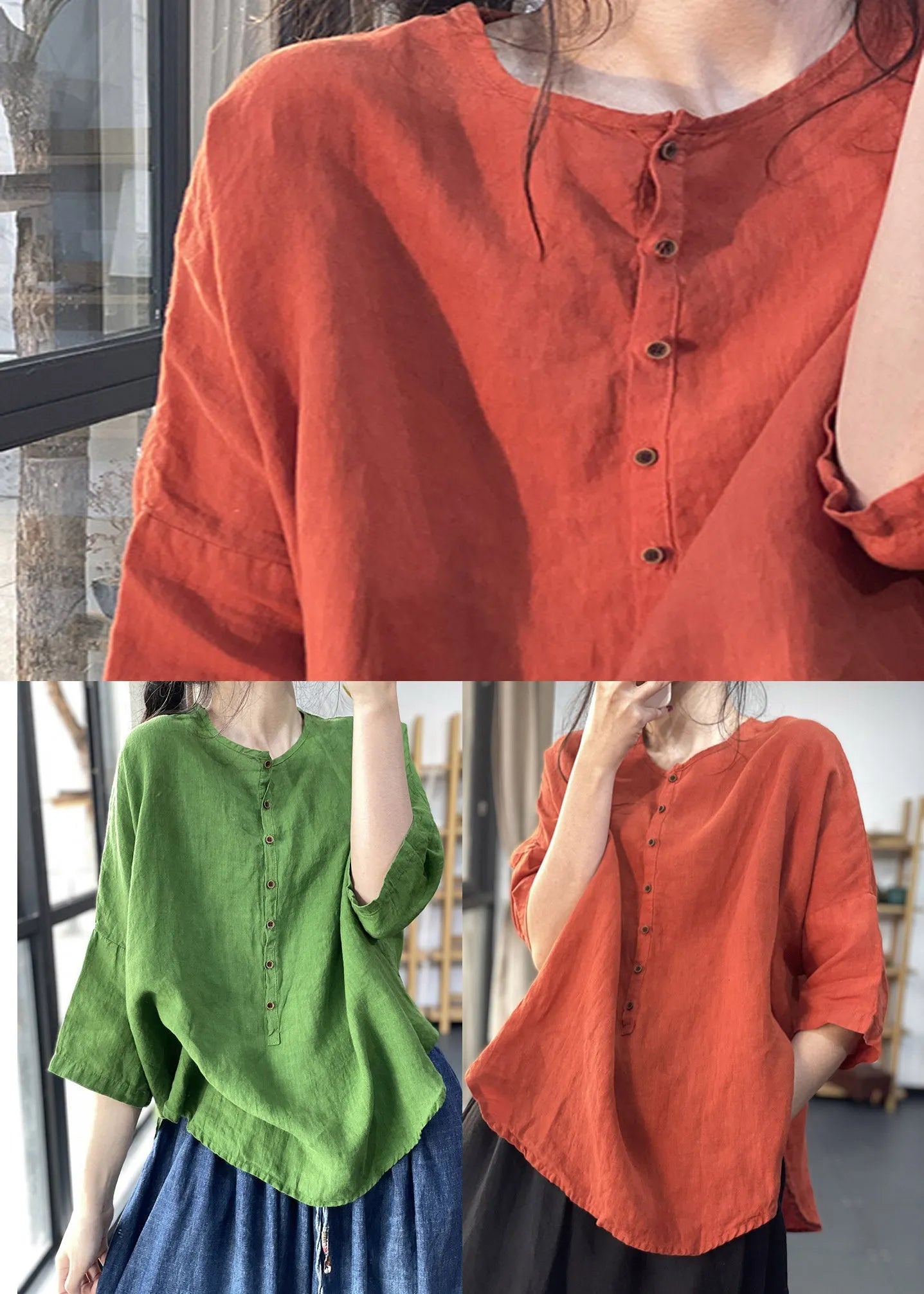 Italian Red O-neck Asymmetrical Design Linen Shirts Three Quarter Sleeve