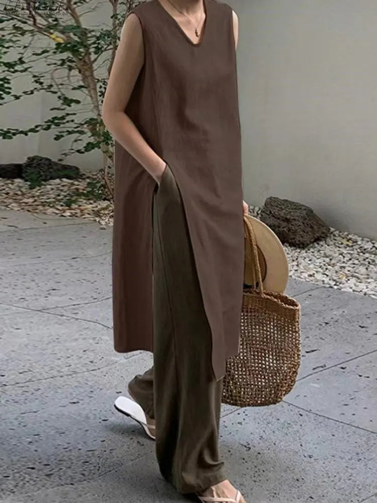 Linen Slit Sleeveless Simple Dress