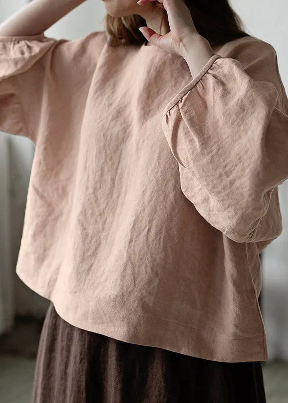 White O Neck Linen Shirt Tops Lantern Sleeve