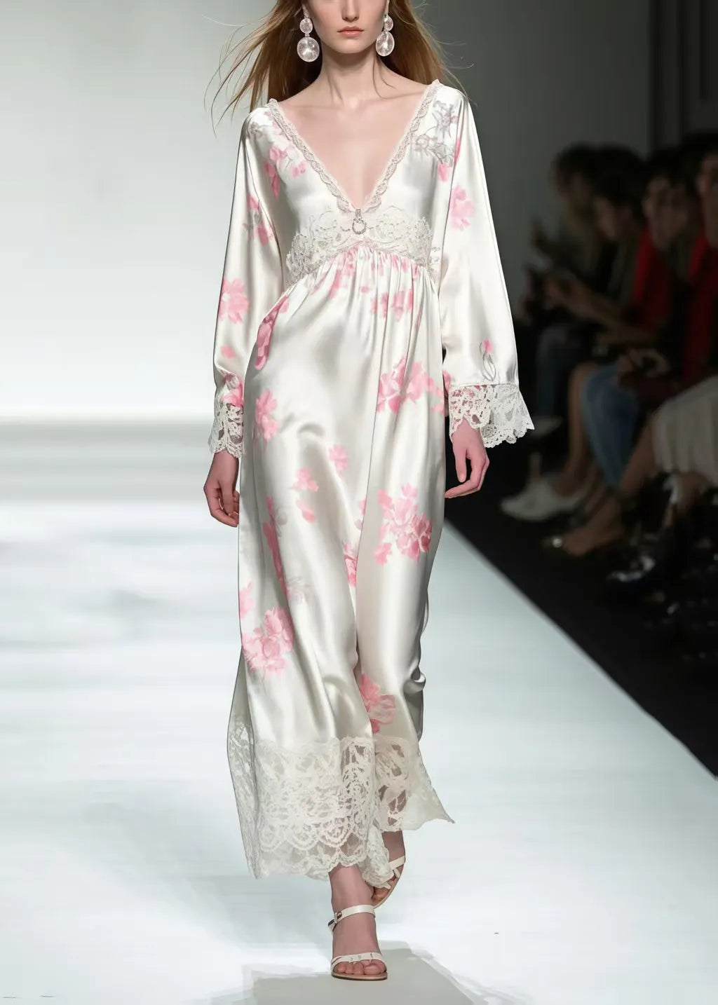 White Print Patchwork Lace Silk Maxi Dresses Spring