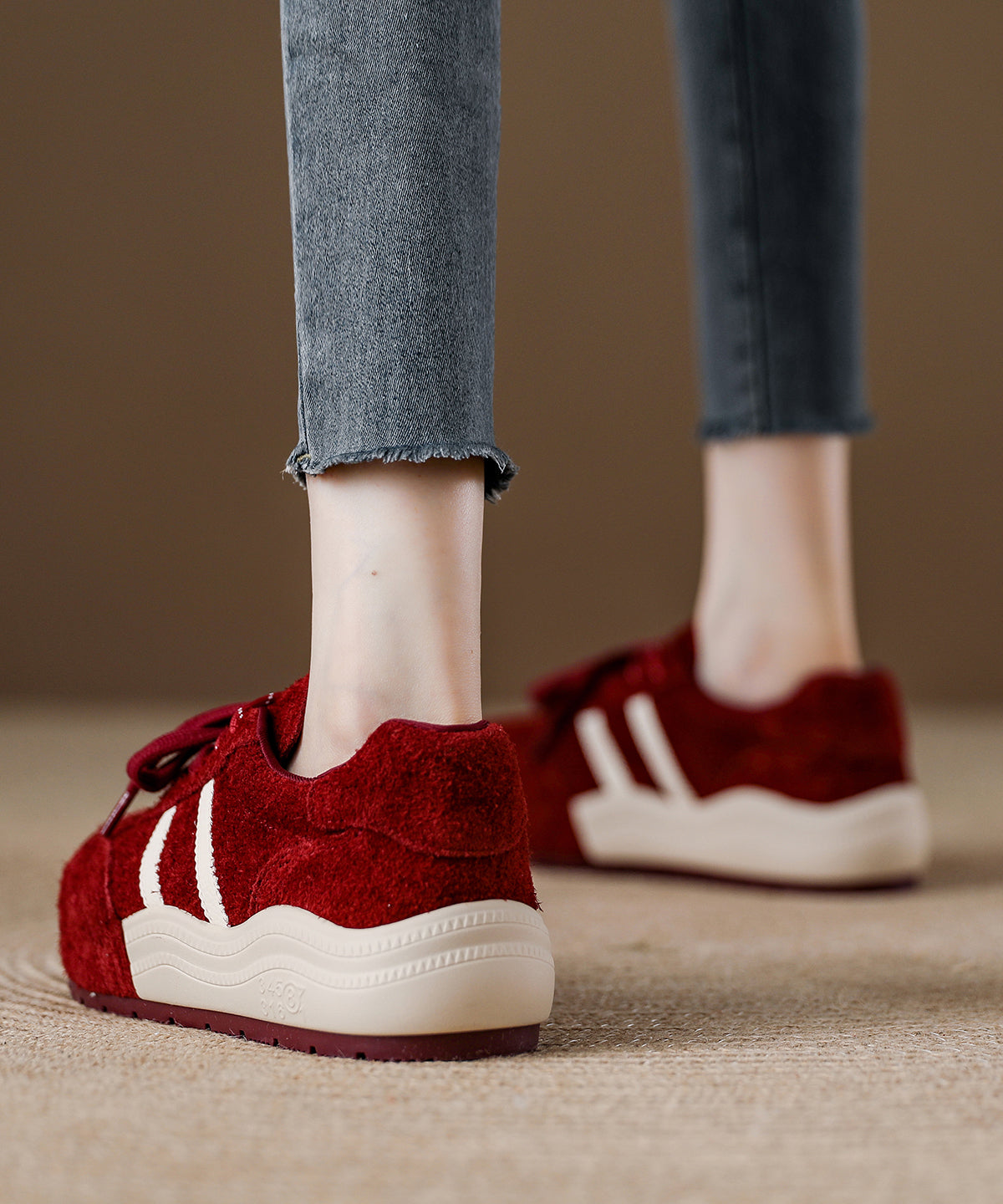 Red Suede Lace Up Splicing Flat Shoes
