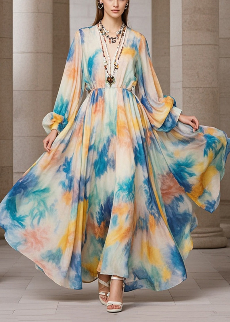 Beige Tie Dye Exra Large Hem Chiffon Maxi Dress Fall