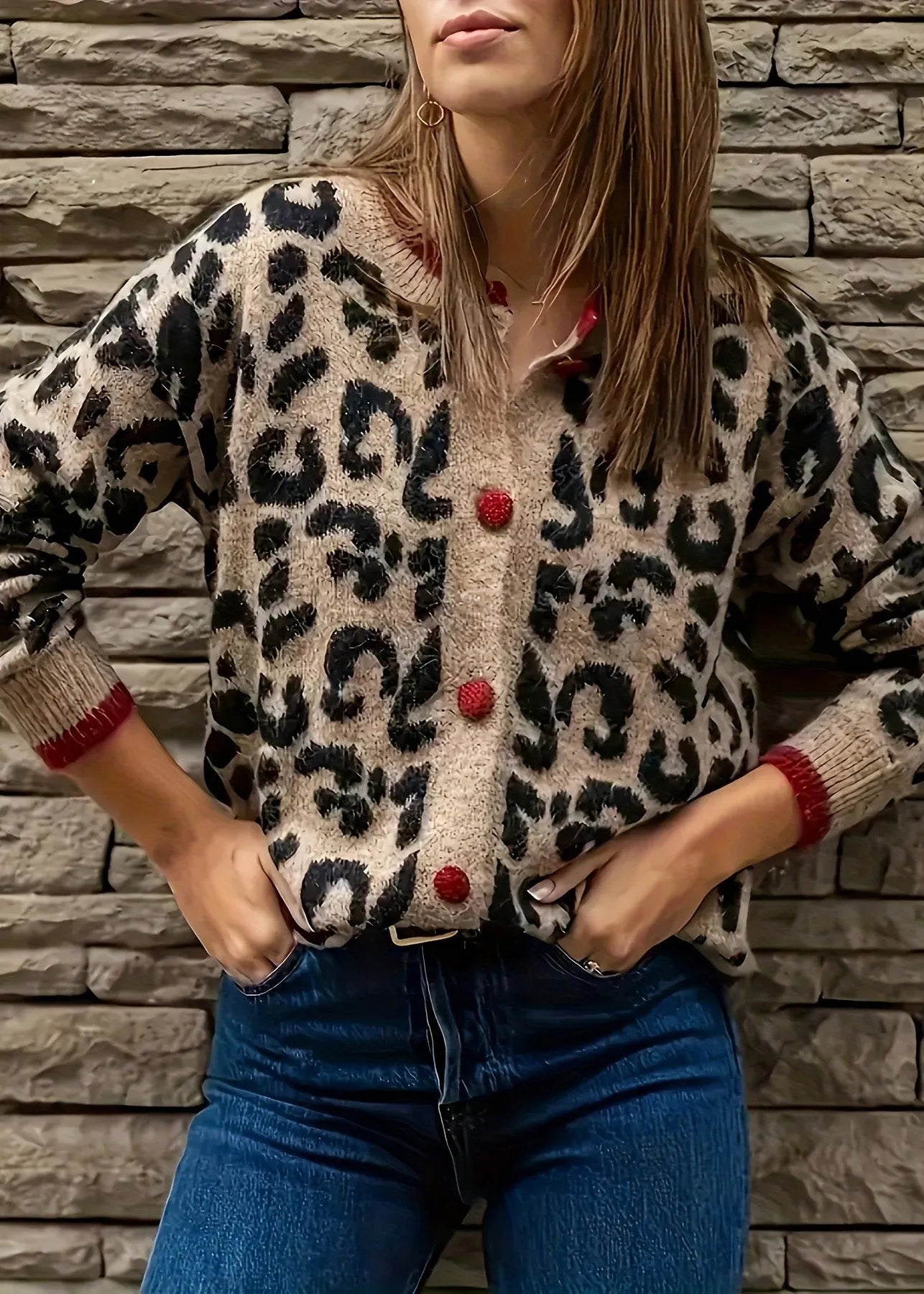 Style Leopard O Neck Button Knit Loose Coat Fall