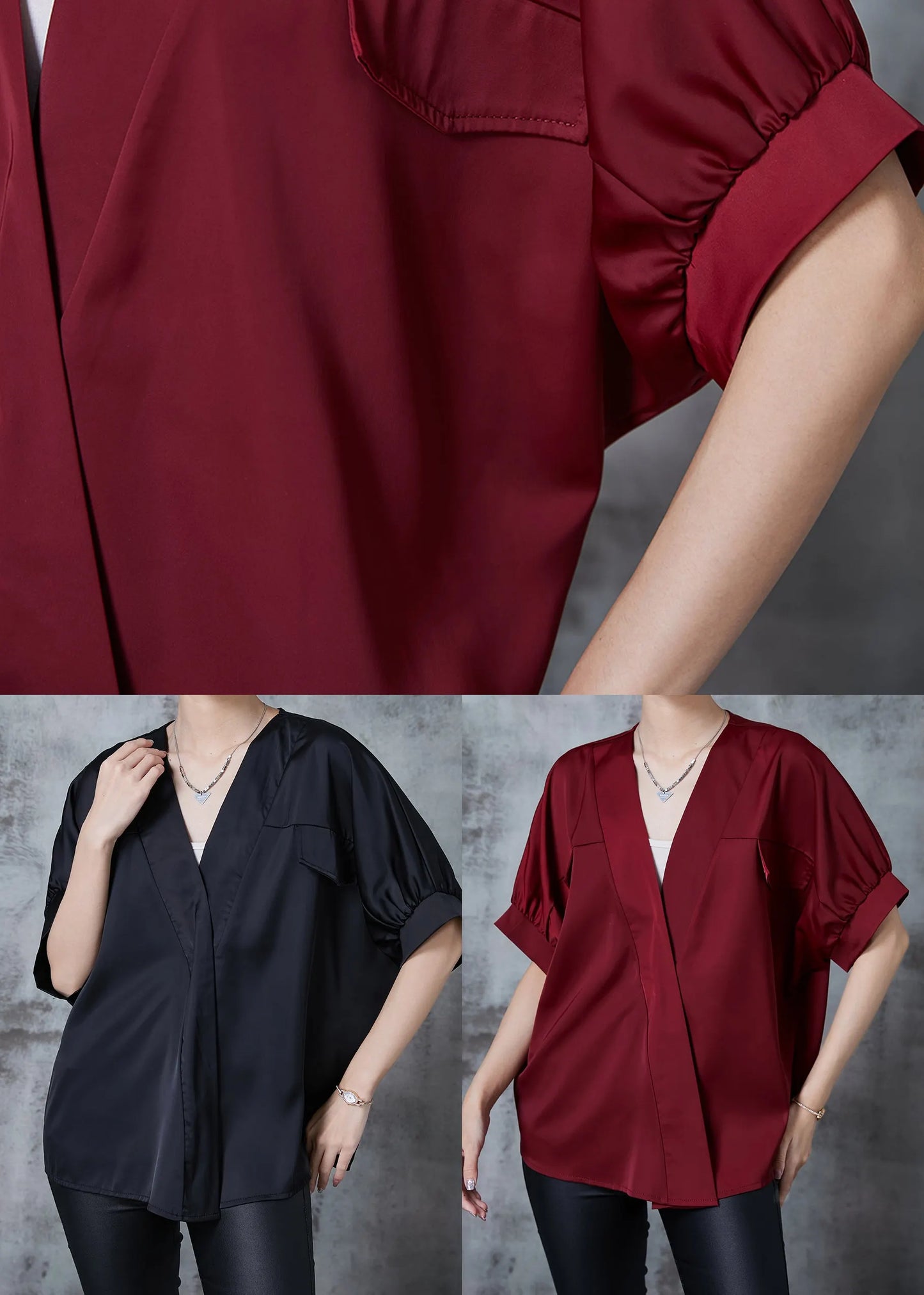 Black V Neck Patchwork Silk Shirt Top Summer
