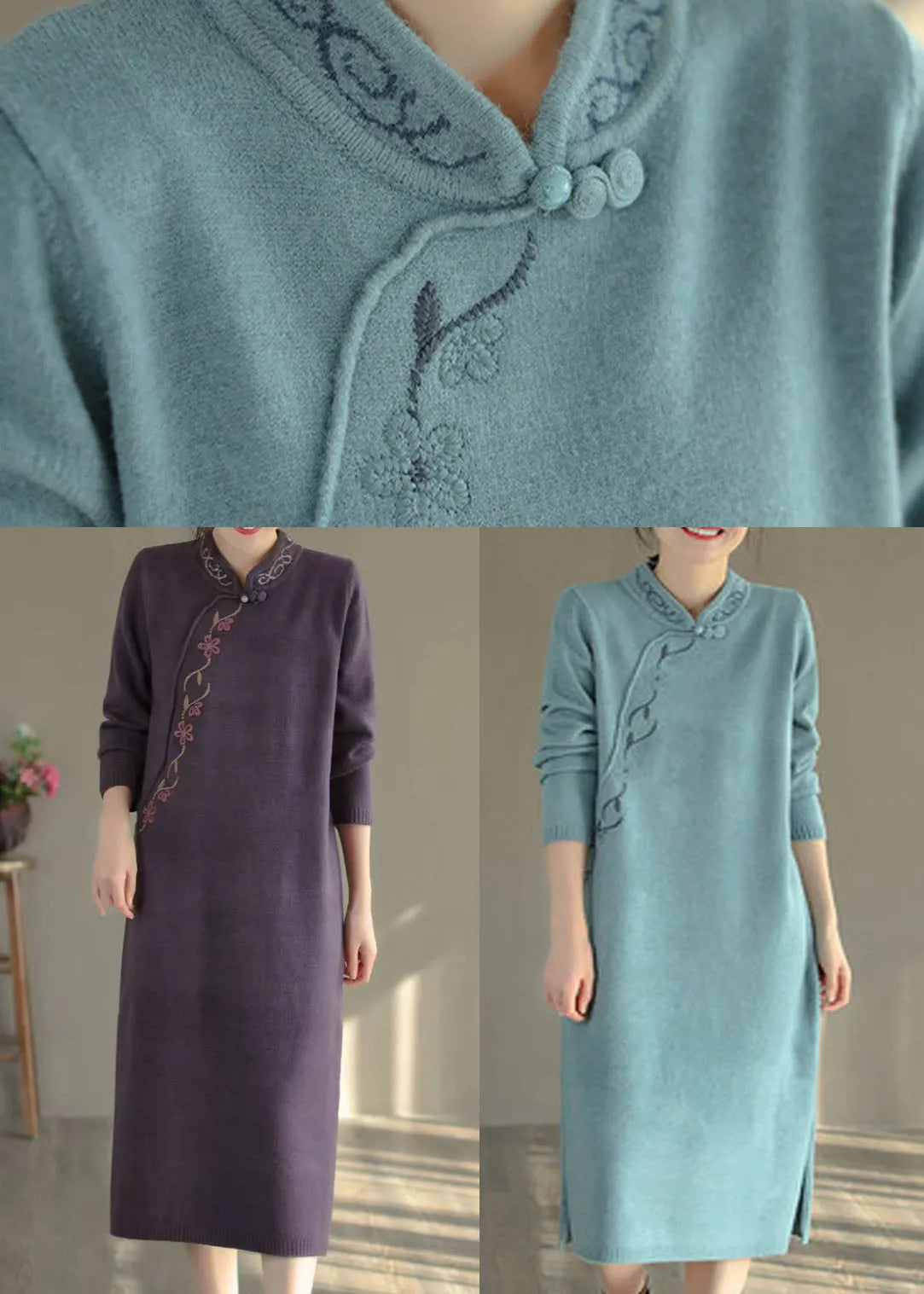 Blue Oriental Long Knit Dress Embroidered Side Open Winter