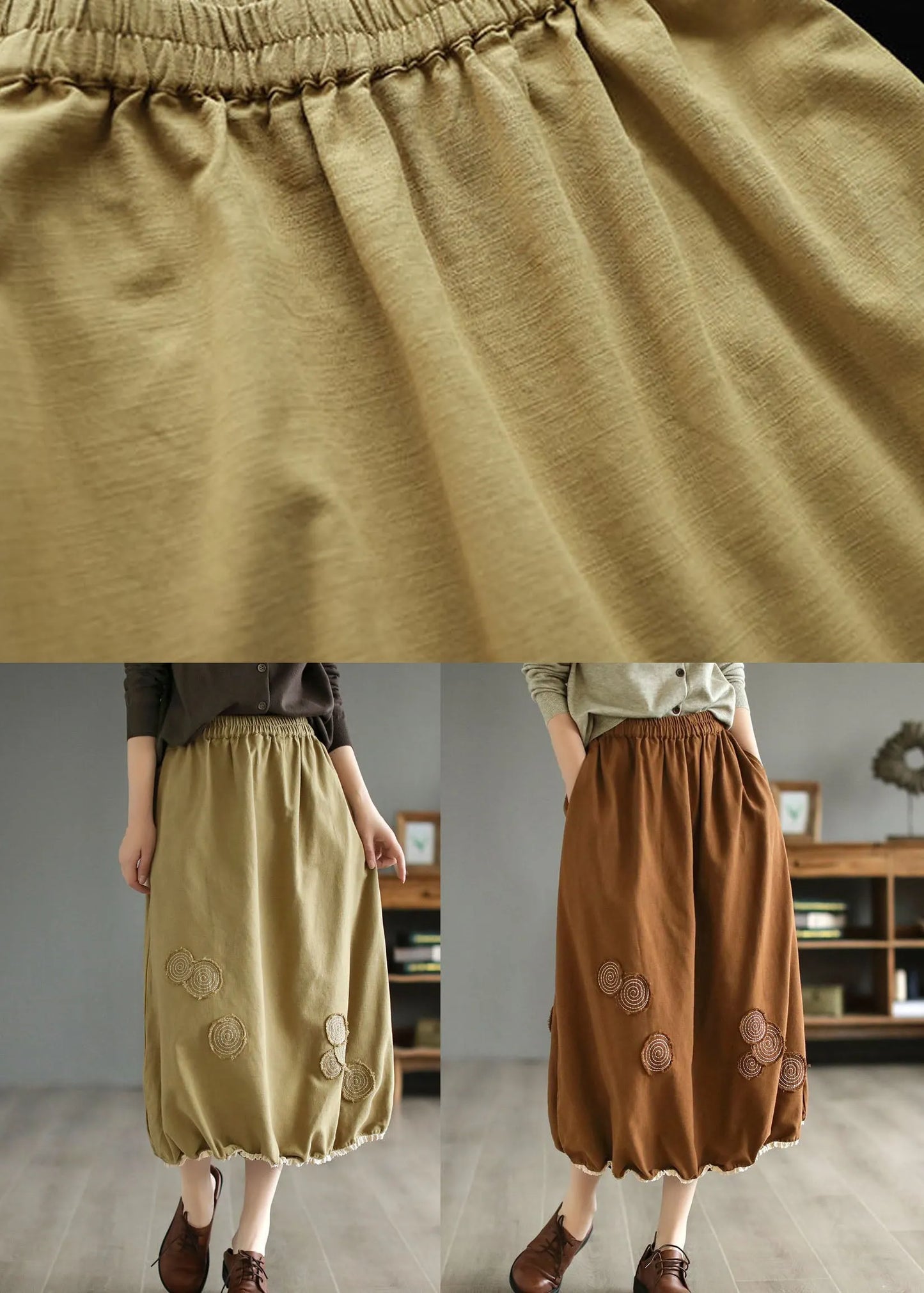 Handmade Khaki Embroidered Elastic Waist Patchwork Cotton Skirts Spring