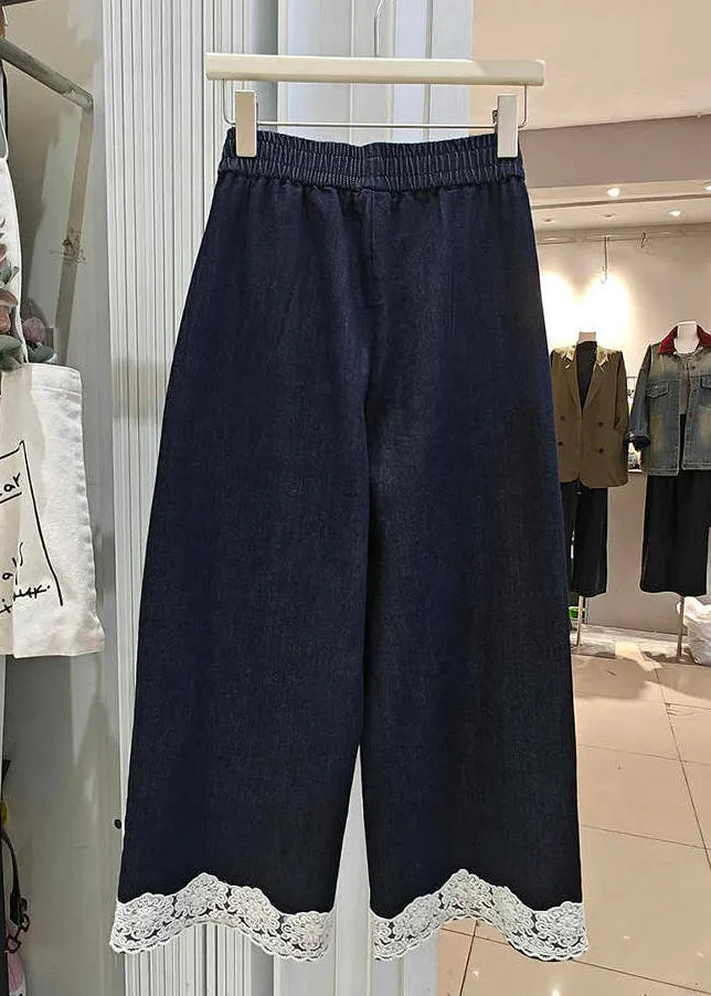 Loose Navy Pockets Lace Patchwork Denim Crop Pants Summer
