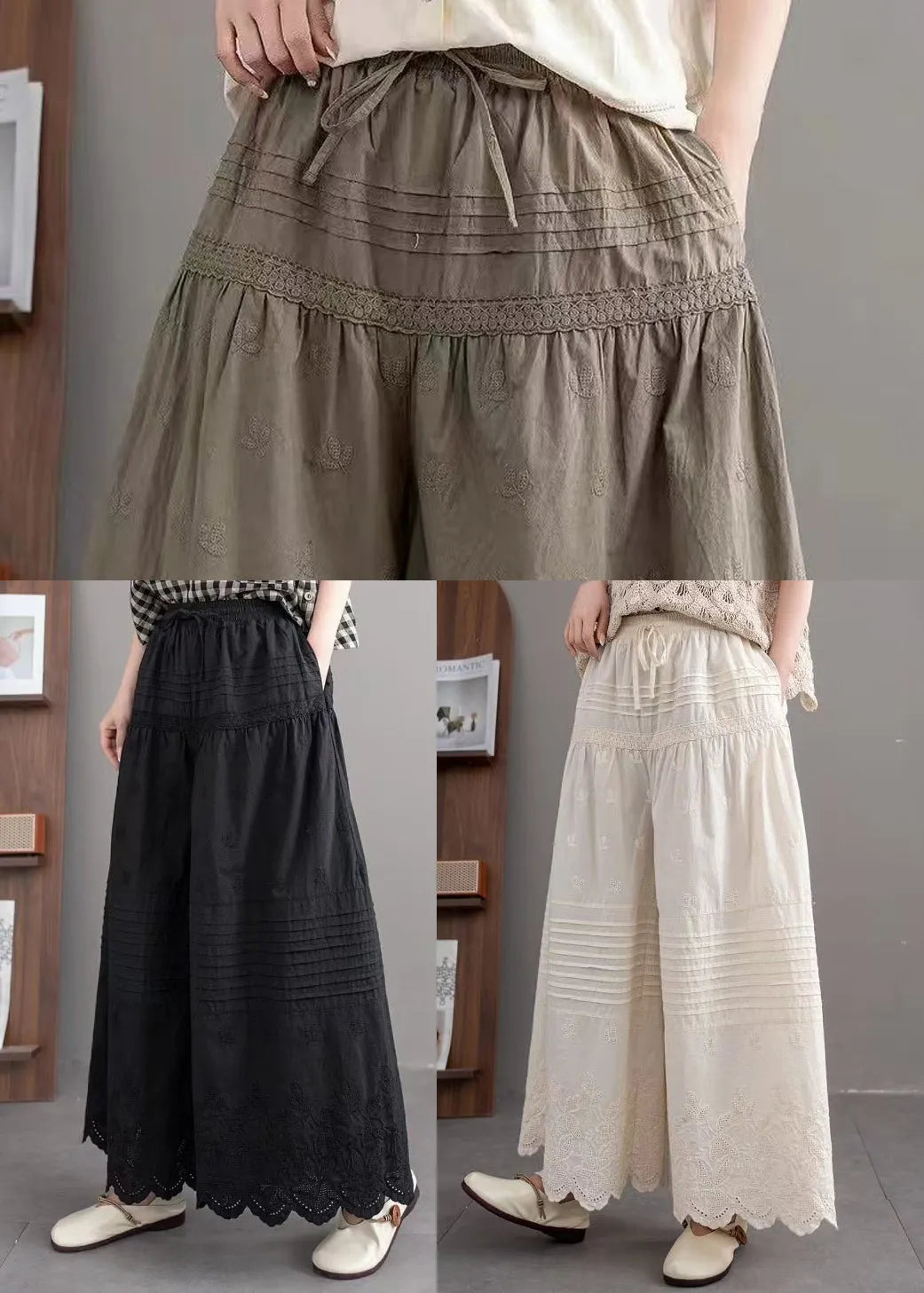 Art Black Embroidered Cotton Wide Leg Pants Summer