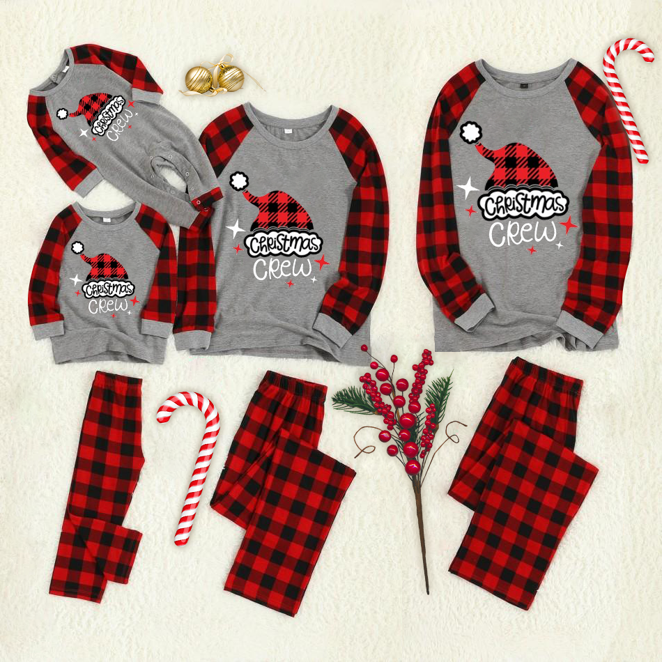 Christmas Cartoon Cat Pattern "Meowy Christmas" Letter Print Contrast Top and Plaid Pants Family Matching Pajama Set with Dog Bandana
