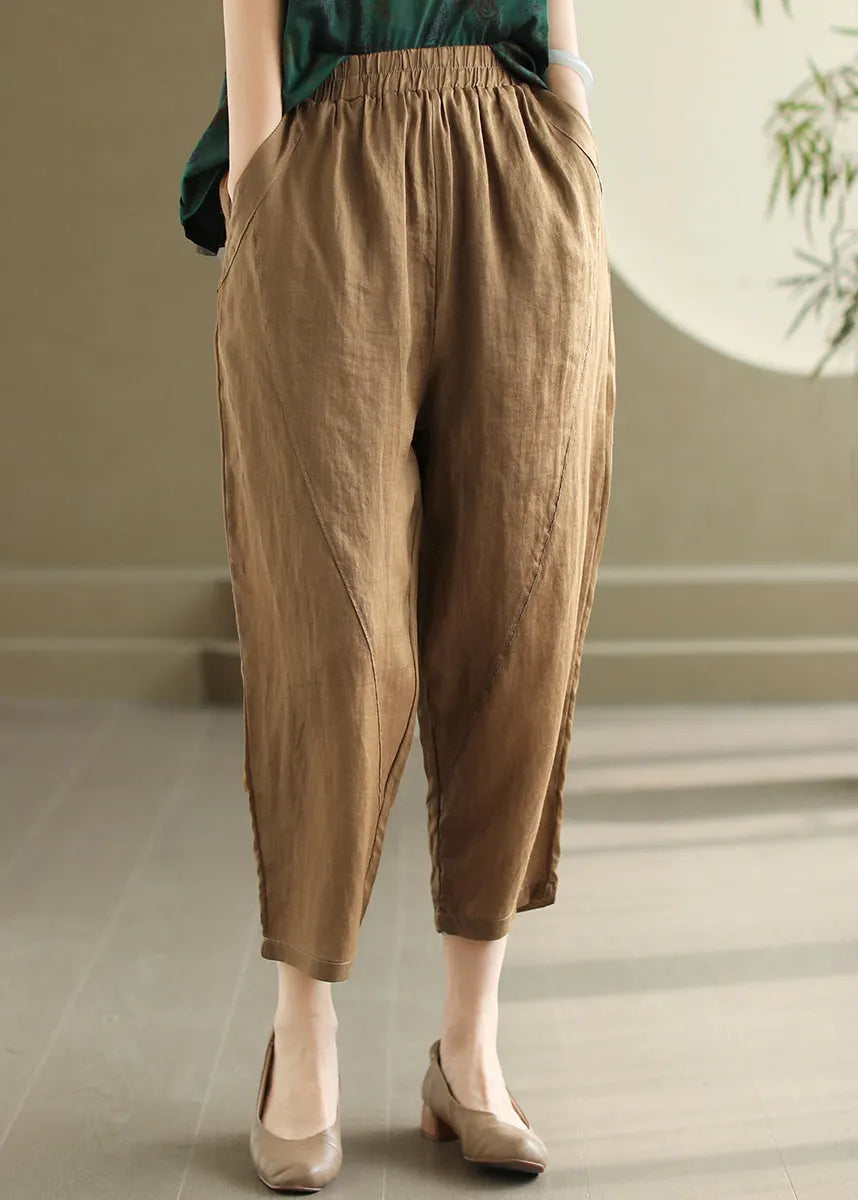 Orange Pockets Elastic Waist Linen Pants Summer