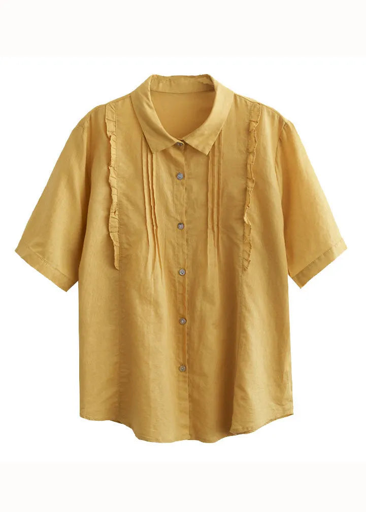 Yellow Peter Pan Collar Ruffled Patchwork Cotton Blouses Summer