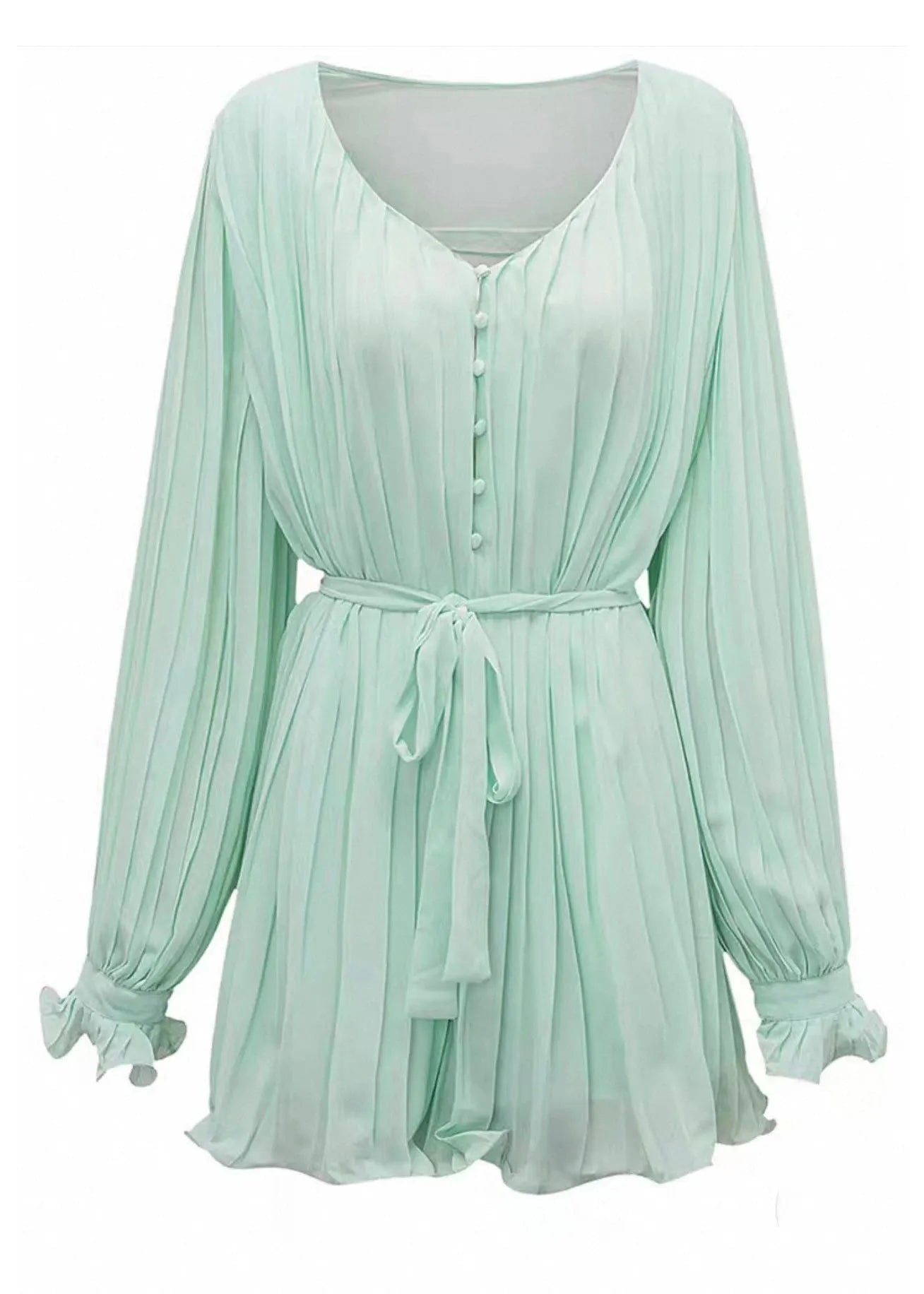 Light Green V Neck Wrinkled Mid Dresses Fall