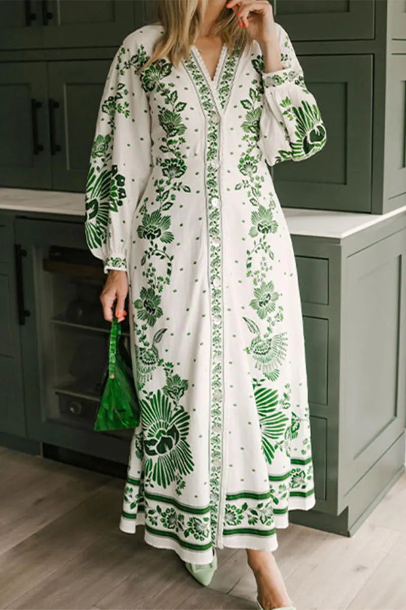 Vacation Print Buckle V Neck Long Sleeve Dresses