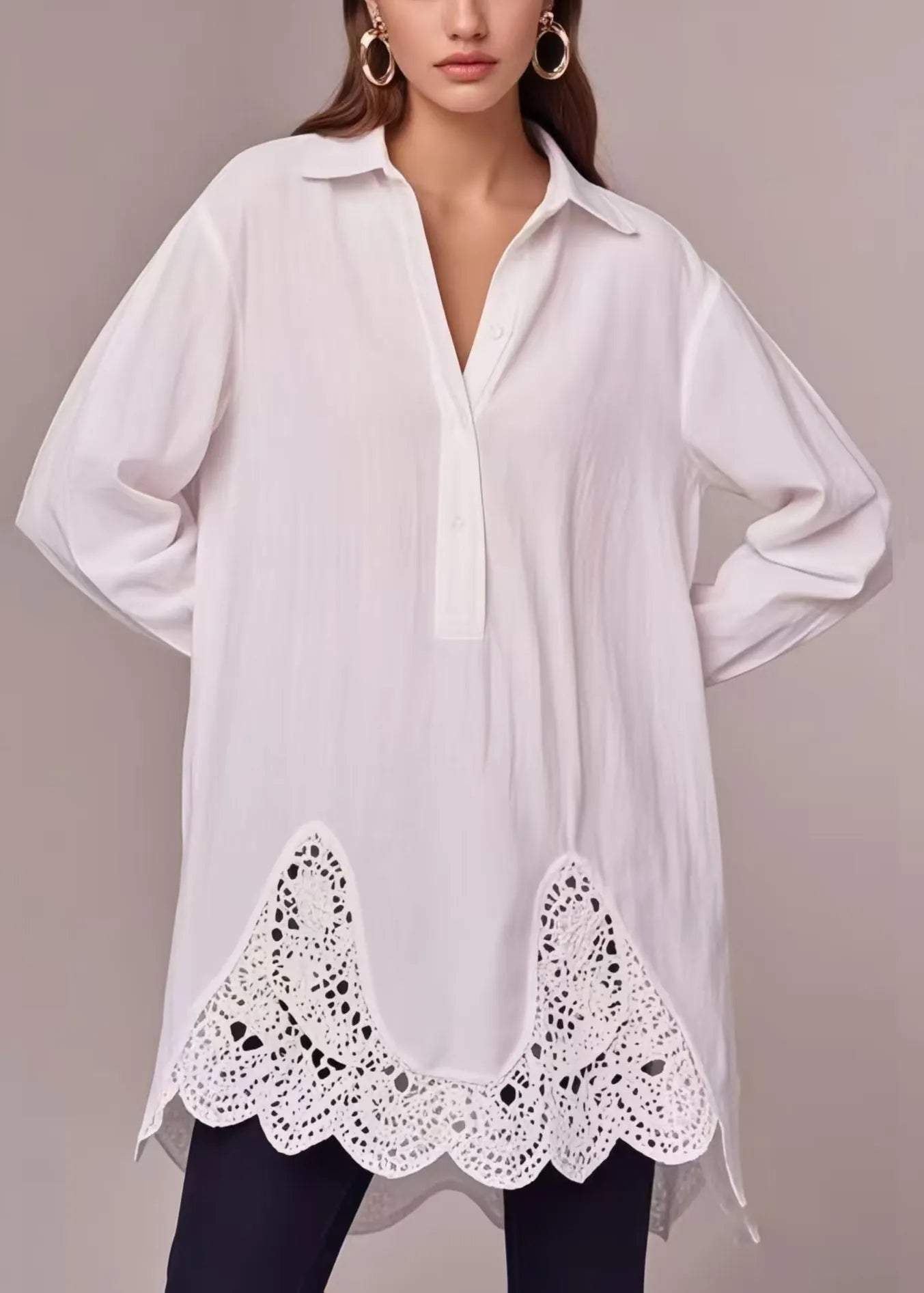Stylish White Oversized Patchwork Cotton Long Shirts Spring