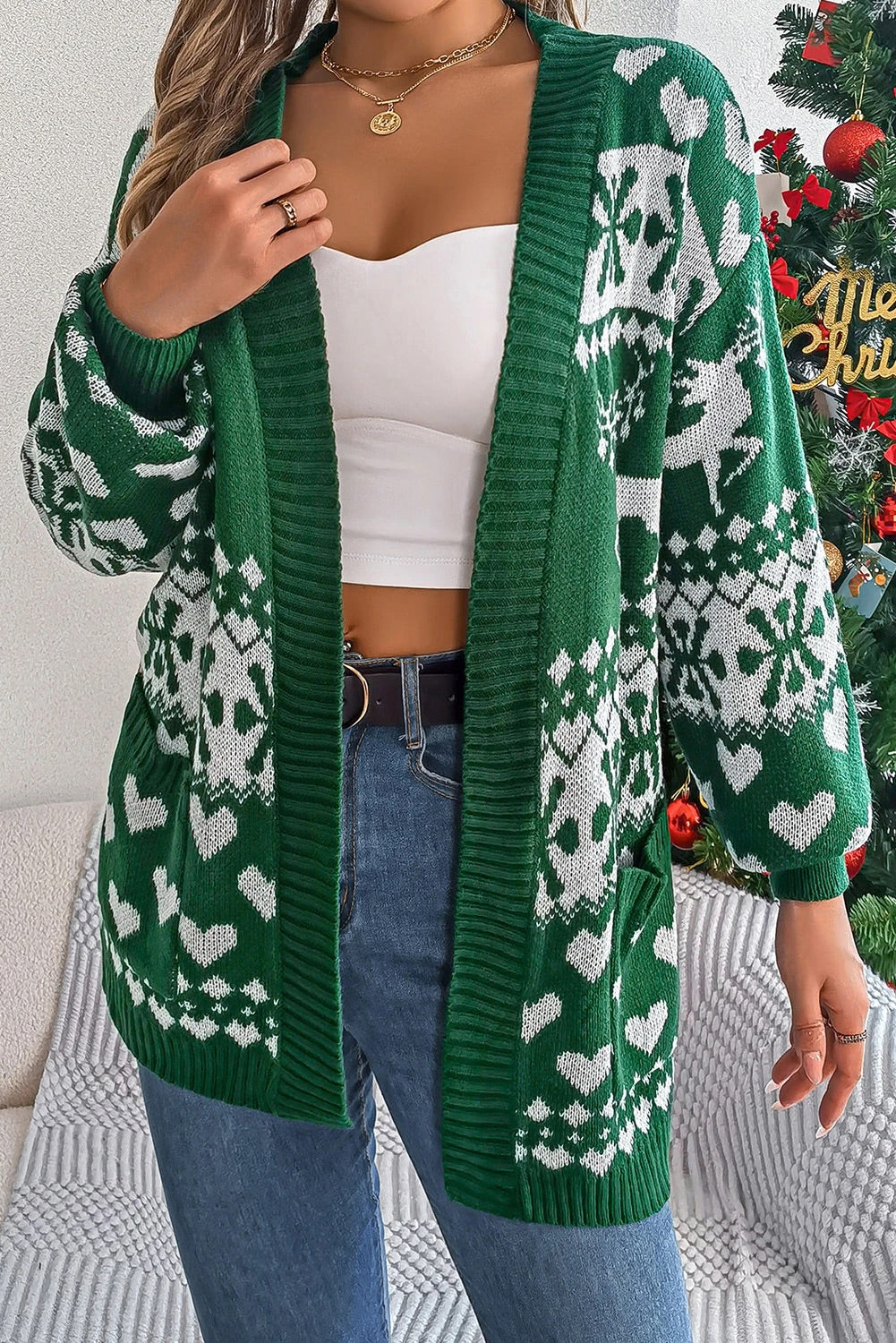 Dark Green Christmas Long-Sleeve Cardigan