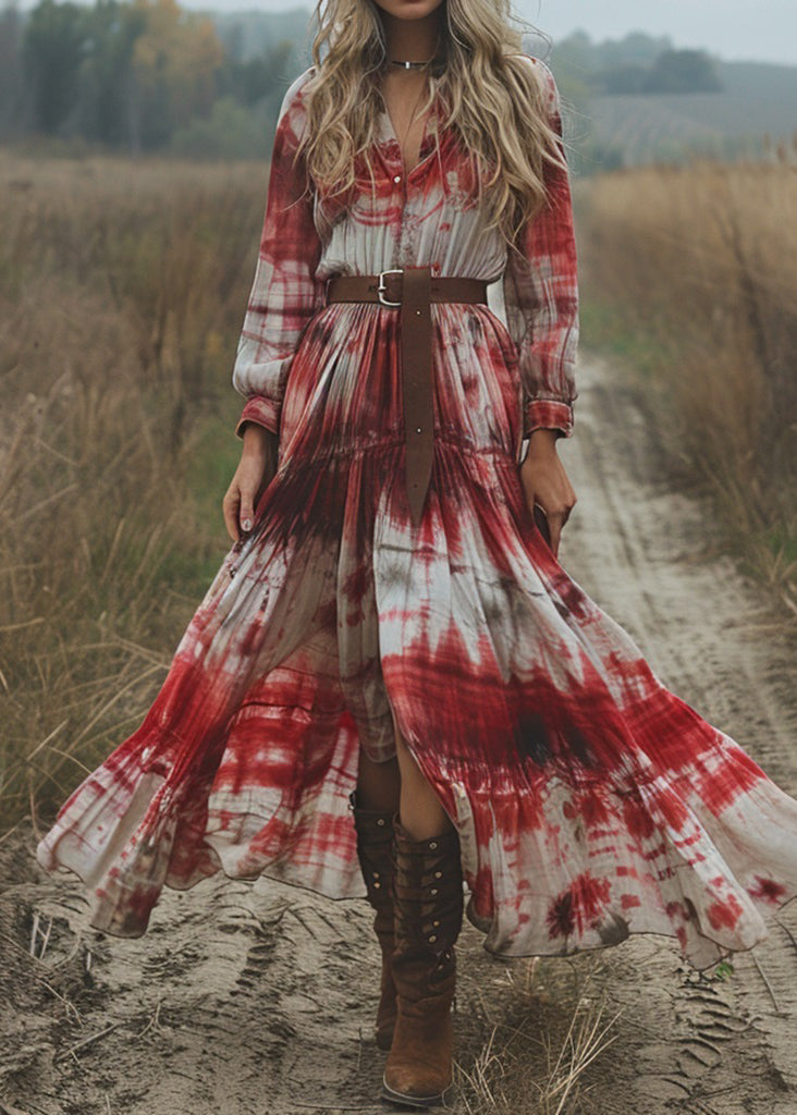 V Neck Tie Dye Cotton Pastoral Style Long Dress