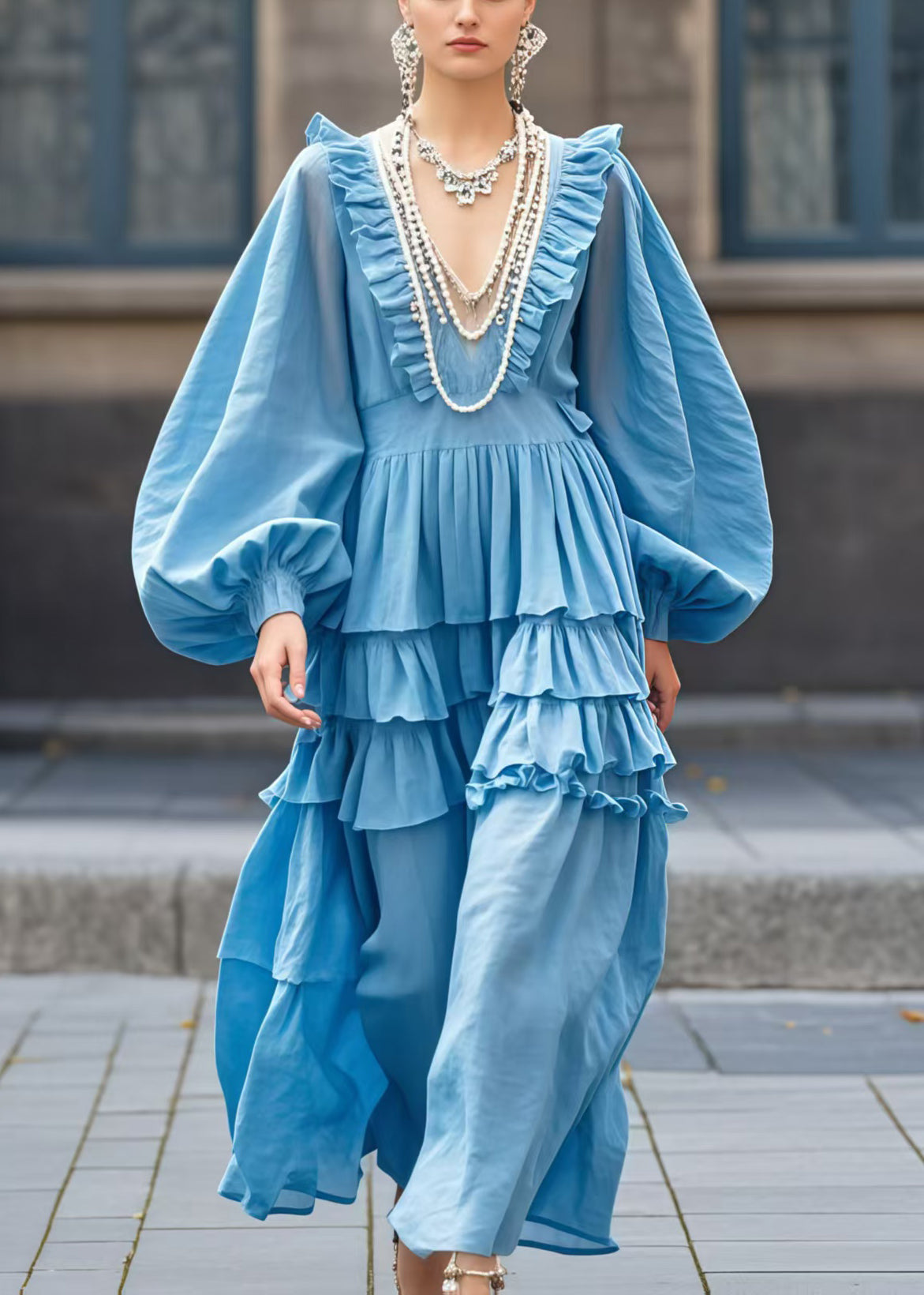 Sea Blue V Neck Ruffled Ankle Dress Lantern Sleeve