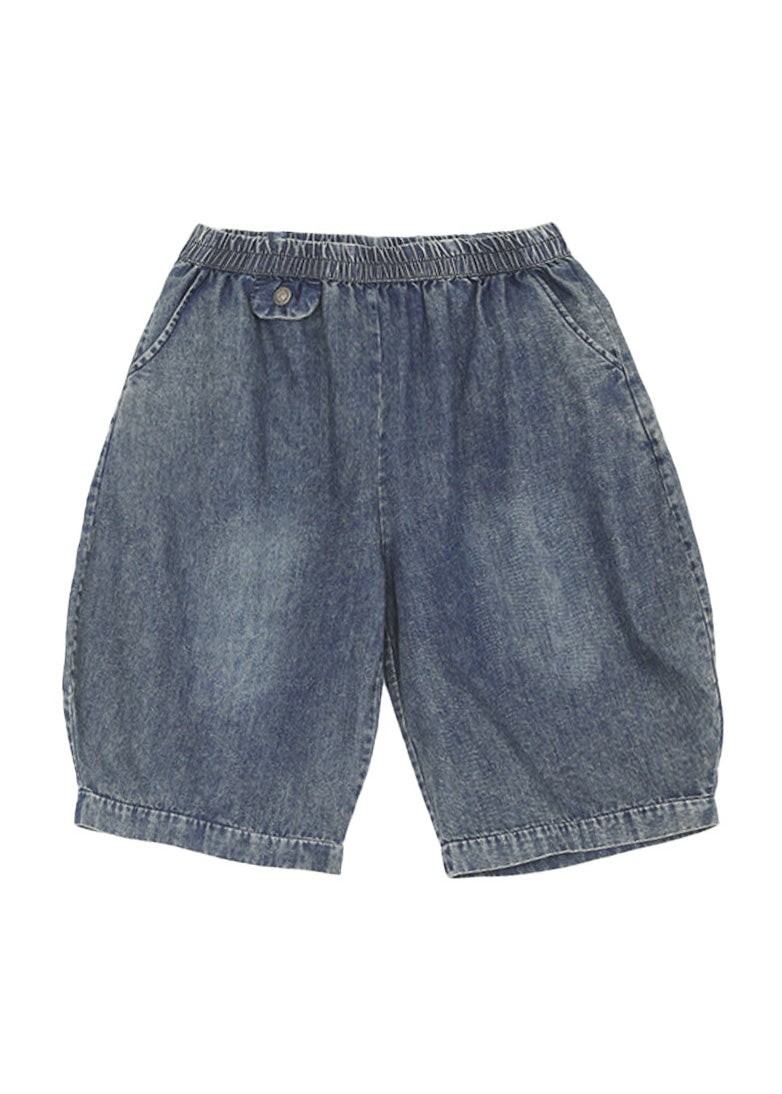 Simple Black Elastic Waist Pockets Cotton Shorts Summer
