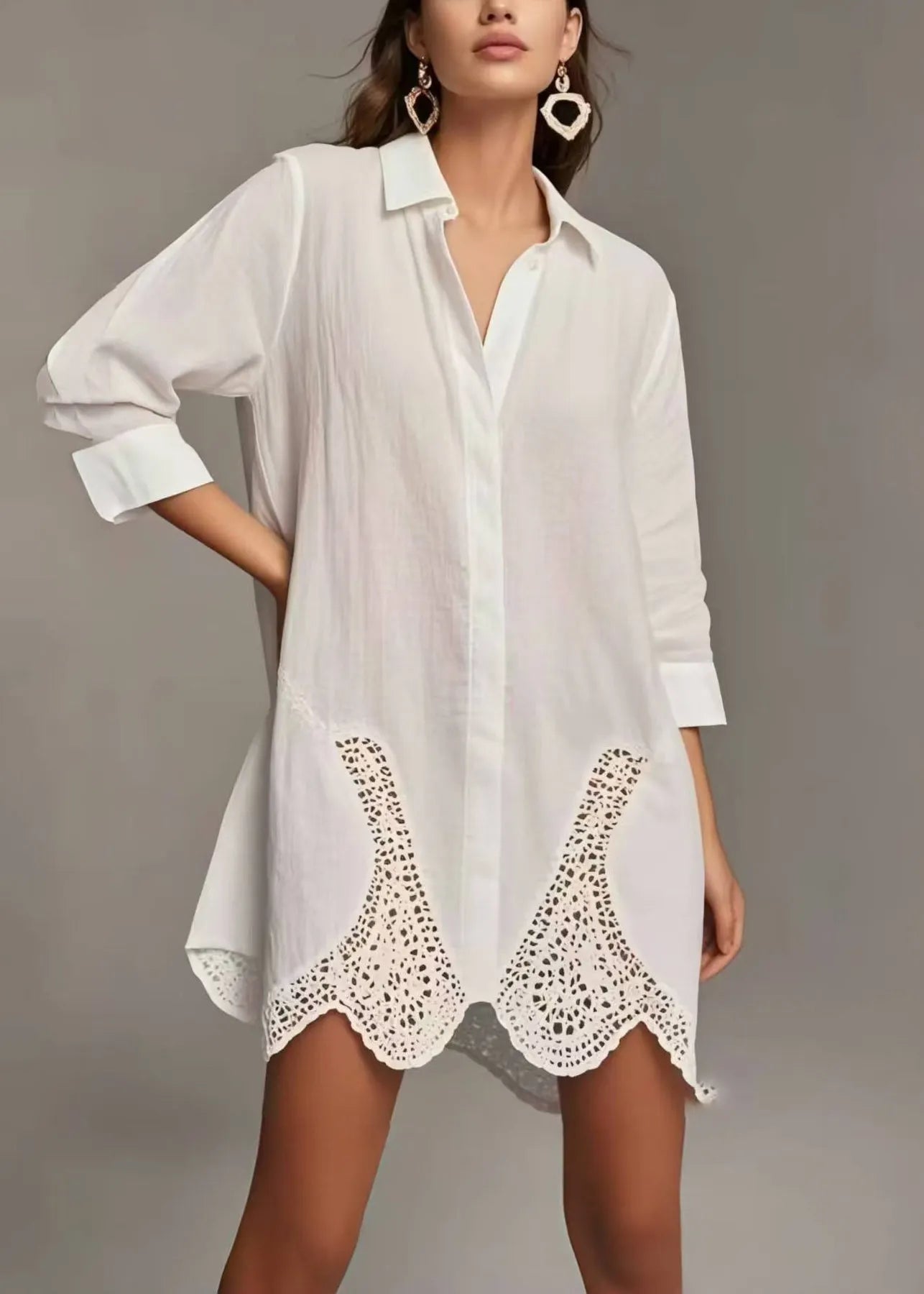 Simple White Peter Pan Collar Patchwork Lace Long Shirts Spring