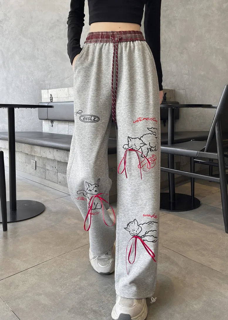 Grey Pockets Print Elastic Waist Cotton Pants Fall