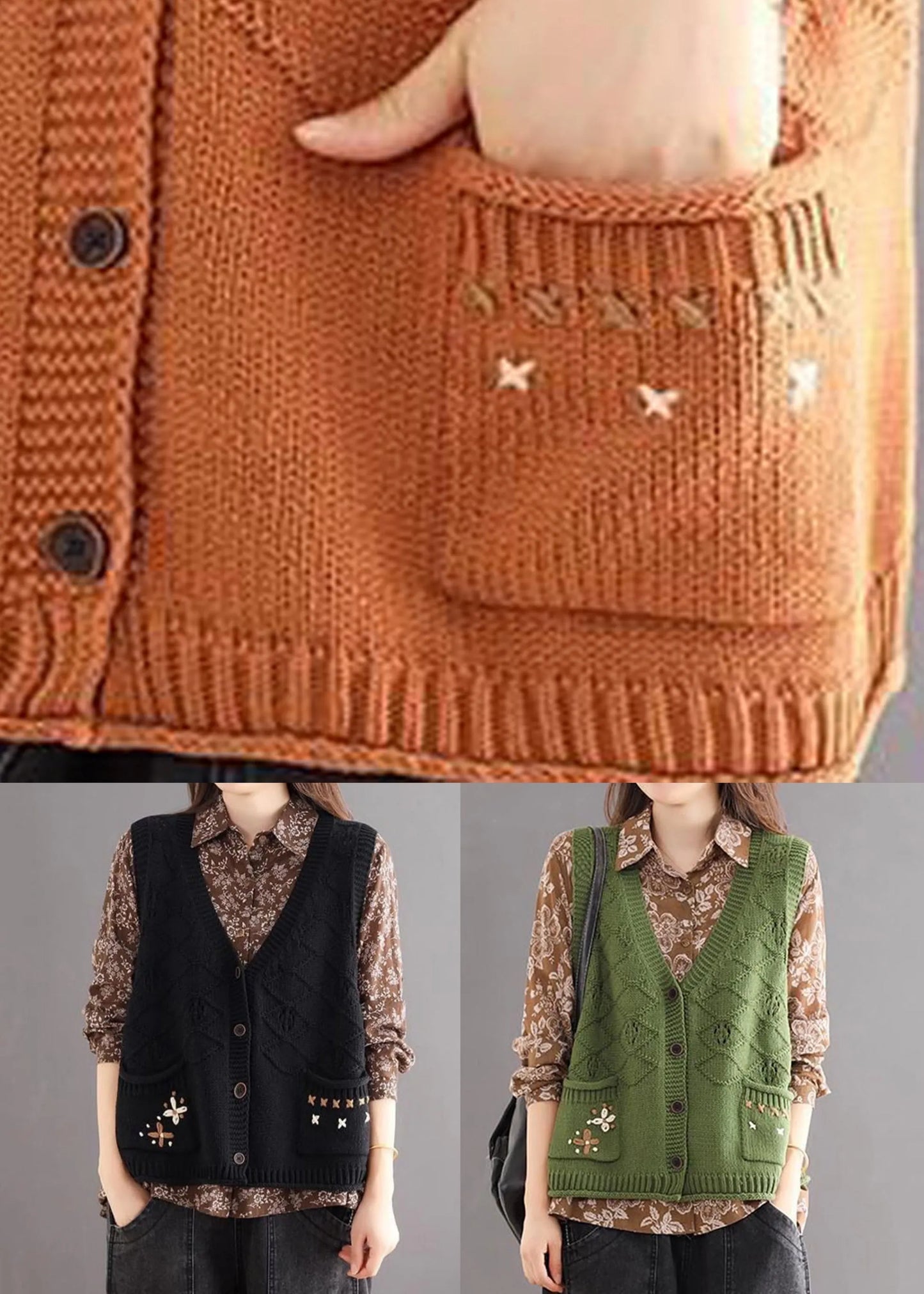 New Green Embroideried Pockets Patchwork Cotton Knit Waistcoat Sleeveless