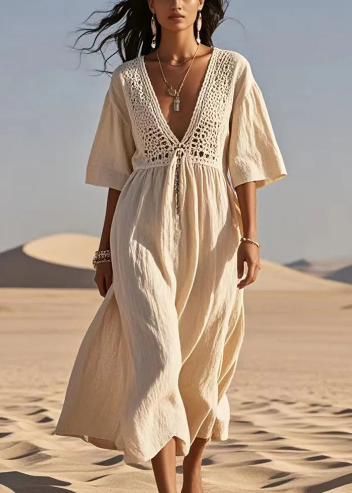 Apricot Hollow Out Cotton a Line Dress Summer